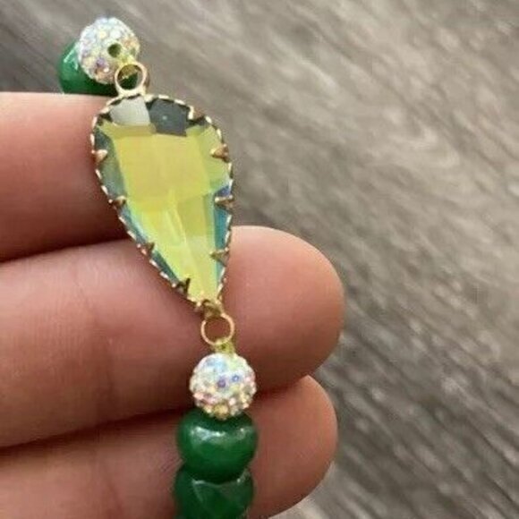 Vintage Erimish Signed Green Jade Beaded Glass Women’s Stretch Bracelet Sz 7